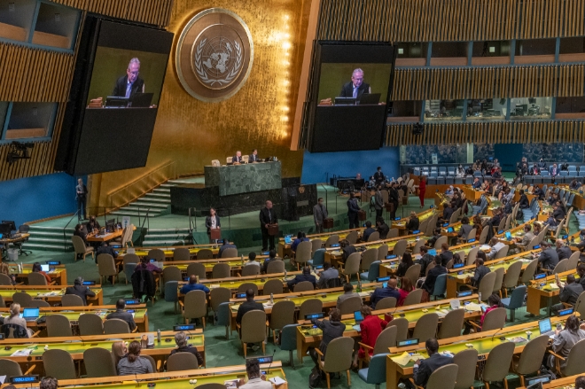 유엔 본부에서 열린 유엔 총회 전체 회의 모습. 사진=뉴시스