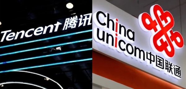 텐센트(왼쪽)과 중국연통(China Unicom) 로고. 사진=로이터·셔터스톡