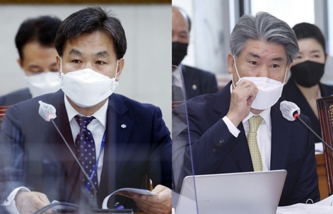 이달 10일 임기만료를 앞둔 김진균 수협은행장(왼쪽)과 내년 1월 2일 임기만료를 앞둔 윤종원 기업은행장. 사진=뉴시스
