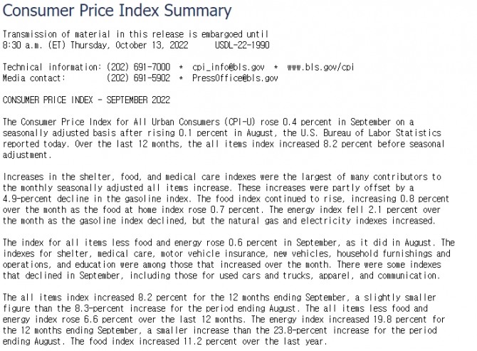 미국 노동부 소비자물가지수 CPI 발표문 