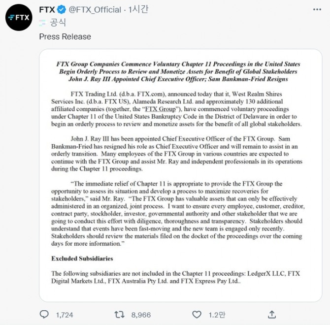유동성 위기를 겪고 있는 FTX 거래소가 10일 파산 신청을 했다고 밝혔다. 사진=FTX 공식 트위터