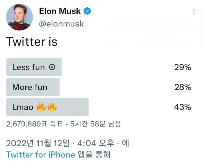 일론 머스크 트위터 새 총수가 12일(현지시간) 현재 진행 중인 트위터 관련 즉석 설문조사. 사진=트위터