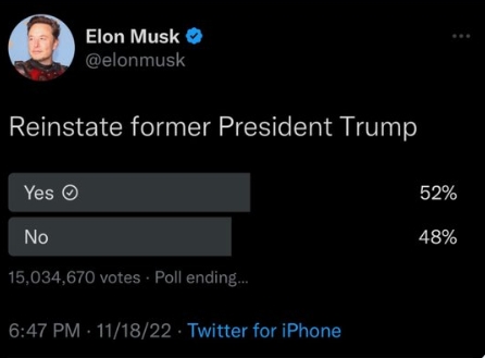 일론 머스크 트위터 새 총수가 지난 18일(현지시간) 하루동안 실시한 도널드 트럼프 전 미국 대통령의 복권 여부에 대한 의견을 물은 즉석 설문조사의 결과. 사진=트위터