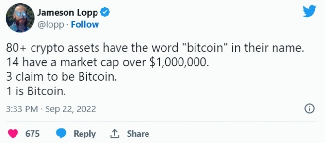 까사호들(Casa HODL) 조사에 따르면 최소 80개의 암호화폐 자산이 순전히 BTC 투자자들을 오도하기 위한 목적으로 자신들의 이름으로 '비트코인(가짜 비트코인)'을 보유하고 있는 것으로 확인됐다. 사진=트위터