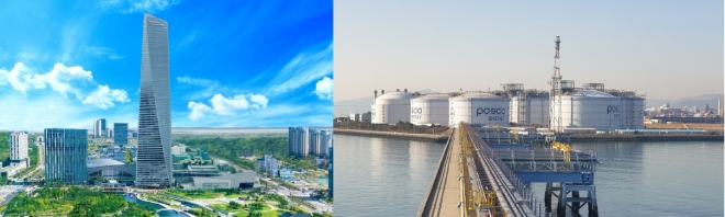 포스코그룹 계열사인 포스코인터내셔널이 포스코에너지를 합병해 내년 1월1일 통합법인 포스코인터내셔널로 새출발한다. 사진은 포스코인터내셔널 송도 본사(왼쪽)와 포스코에너지 광양 LNG 터미널 전경. 사진=포스코그룹