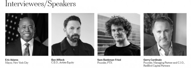 뉴욕타임스가 오는 30일 개최하는 딜북 서밋(DealBook Summit)의 연사 페이지 상단에 샘 뱅크먼 프리드(Sam Bankman-Fried, 왼쪽에서 셋째)가 등재됐다. 샘 뱅크먼 프리드는 CEO직함 대신 설립자라는 이름을 달고 있다.