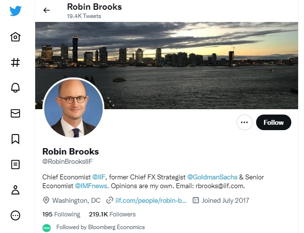 국제금융연구소의 수석 이코노미스트인 로빈 브룩스의 트위터 페이지. 사진=트위터 캡처.