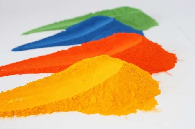 화학적 재활용 수지가 적용된 다양한 색상의 분체도료. 사진=SK케미칼