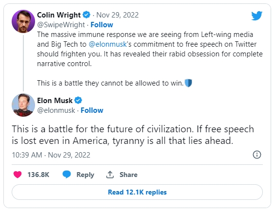 일론 머스크 트위터 새 총수가 29일(현지시간) 올린 트윗을 통해 애플과 구글의 ‘불공정’ 수수료 정책에 대해 선전포고를 했다. 사진=트위터