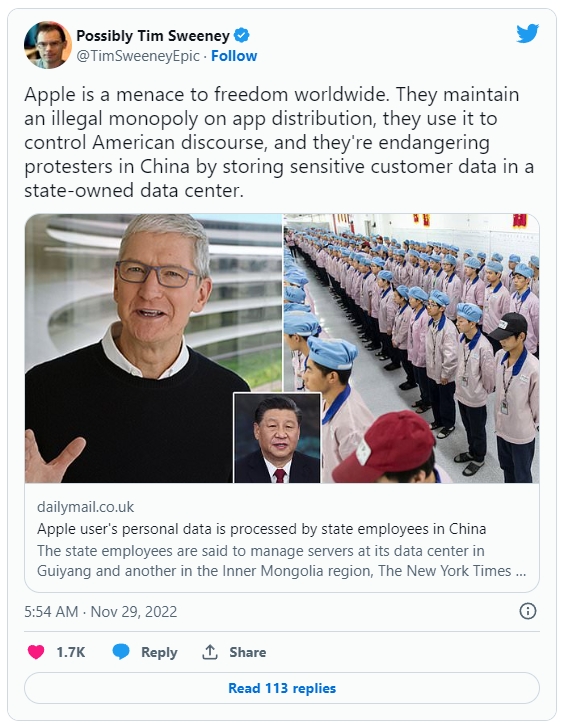 팀 스위니 에픽게임즈 CEO가 29일(현지시간) 올린 트윗에서 애플을 강도 높게 비판했다. 사진=트위터