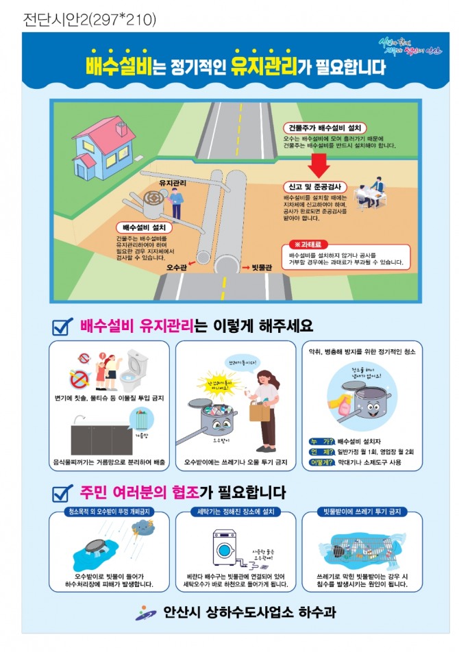 안산시는 공공하수도 관리 및 기능 향상을 위해 시민들에게 배수설비 설치와 정기적인 유지 관리를 당부한다고 12일 밝혔다. 포스터=안산시