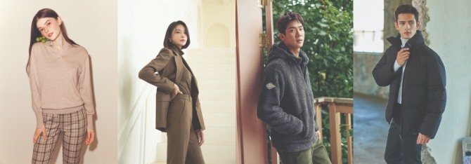 왼쪽부터) 까사렐 실크 코튼 모달 니트, 세루티 1881 아르띠 수트, 에디바우어 카라코람 후드 플리스, 바스키아 골프 구스다운. 사진=CJ온스타일