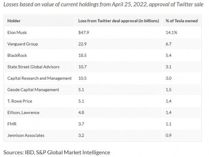 일론 머스크의 트위터 인수 이후 테슬라 10대 주주의 손실 현황. 사진=인베스터스비즈니스데일리