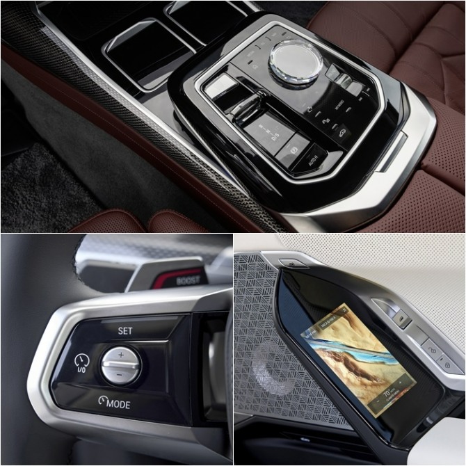 (시계방향) 7시리즈 센터콘솔과 2열 5.5인치 모니터 그리고 운전대 좌측에 위치한 반자율 주행 기능 버튼들. 사진=BMW