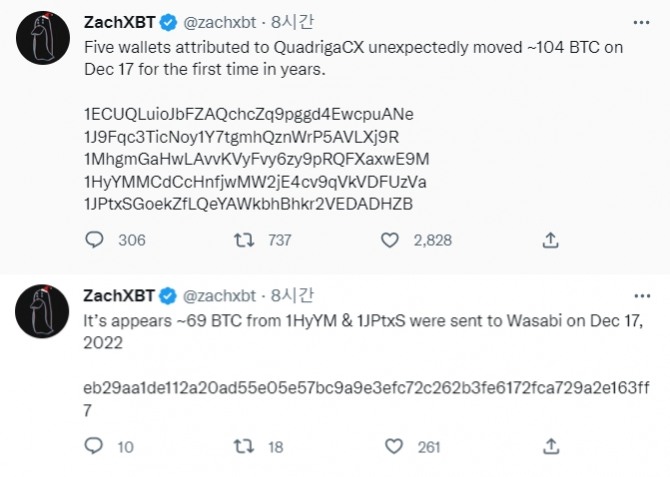 지금은 사라진 캐나다 암호화폐 거래소 쿼드리가CX(QuadrigaCX) 소유인 약 170만 달러(약 22억 원) 상당의 비트코인이 약 4년 동안 휴면 후 최근 전송돼 암호화폐 커뮤니티의 주목을 받고 있다. 출처=자크XBT 트위터