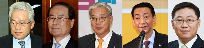 황건호 금투협 1대 회장(왼쪽 첫번째), 박종수 2대 회장(왼쪽 두번째), 황영기 3대 회장(왼쪽 세번째), 권용원 4대 회장(왼쪽 네번째), 나재철 5대 회장.  사진=뉴시스, 금투협, 대신증권 