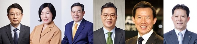 왼쪽부터 장석훈 삼성증권 사장, 박정림 KB증권 사장, 김성현 KB증권 사장, 정일문 한국투자증권 사장, 최현만 미래에셋증권 회장, 이만열 미래에셋증권 사장. 사진=각사