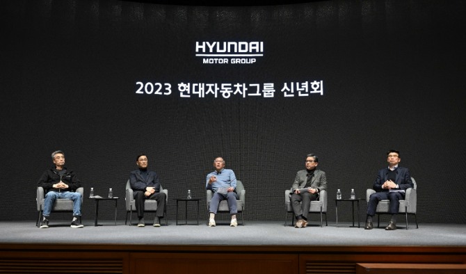 정의선 현대차그룹 회장(가운데), 장재훈 현대차 사장(오른쪽에서 두번째), 송호성 사장(오른쪽에서 첫번째), 박정국 연구개발본부 사장(오른쪽에서 네번째), 송창현 TaaS본부 사장(오른쪽에서 다섯번째)이 직원들에게 새해 메시지와 사업 방향성 및 비전을 공유하고, 직원들의 질의에 적극적으로 답하고 있는 모습.사진=현대차그룹