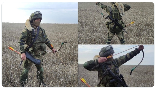 트위터에 공유된 활 쏘는 러시아 군인의 모습. 사진=트위터