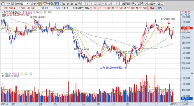 POSCO홀딩스의 지난 1년여간 주가 변동 추이. 키움증권 HTS 캡처