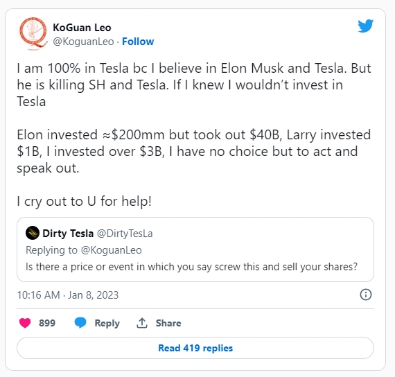 테슬라 3대 주주 레오 코관이 지난 7일(현지시간) 올린 트윗. 사진=트위터