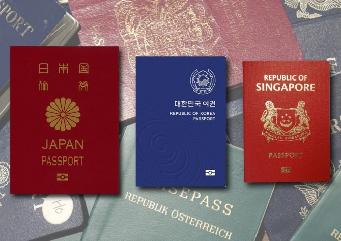 최근 기준으로 전 세계에서 가장 많은 국가를 여행할 수 있는 것으로 나타난 일본 여권, 대한민국 여권, 싱가포르 여권(왼쪽부터). 사진=위키피디아/CNN/외교부