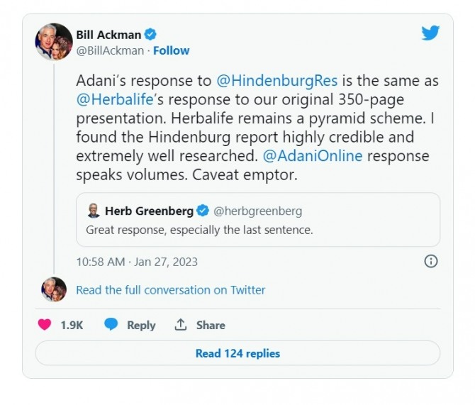 '리틀버핏'으로 알려진 억만장자 투자자 빌 애크먼은 과거 허벌라이프 저격 사건을 언급하며 힌데버그의 아다니 그룹 주가조작 의혹이 매우 신뢰할 만하다고 언급했다. 사진=빌 애크먼 트위터