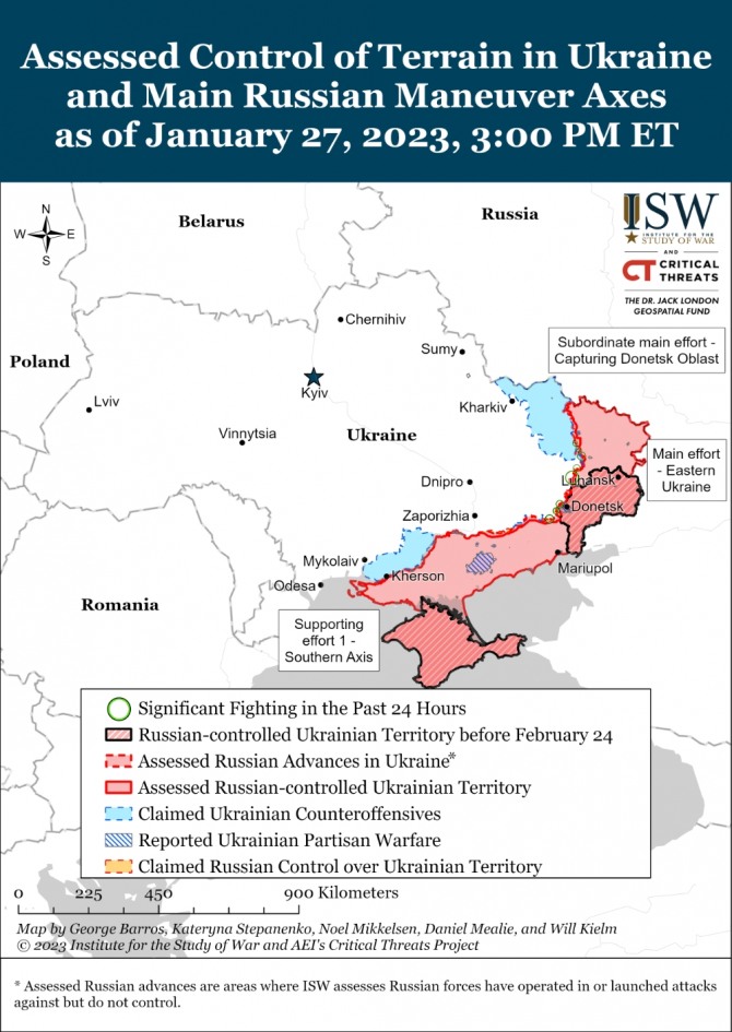 미국 전쟁연구소(ISW)의 27(현지 시각) 우크라이나 전쟁 전황도. 그래픽=전쟁연구소