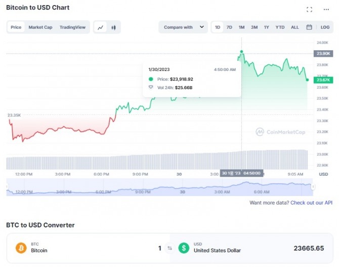 30일 기준 비트코인(BTC)/달러(USD)가격 1일 차트. 비트코인이 이날 새벽 4시 50분께 2만3918달러로 올해 최고치를 찍었다. 출처=코인마캣켑