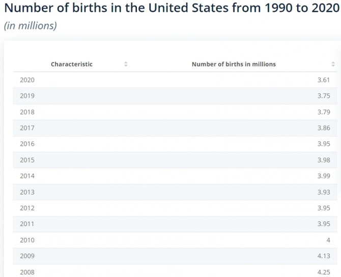 지난 2008년부터 2020년까지 미국의 신생아 추이. 사진=스태티스타