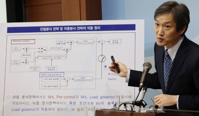 신동열 공정거래위원회 카르텔조사국장이 9일 오전 세종시 정부세종청사에서 독일 승용차 제조사들의 배출가스 저감기술 담합 행위 적발·제재와 관련해 브리핑하고 있다. 사진=연합