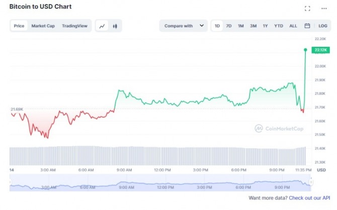 14일 비트코인(BTC)/달러(USD)가격 1일 차트. 비트코인 가격이 미국 CPI발표 직후 소폭 하락한 뒤 급등하기 시작했다. 출처=코인마켓캡