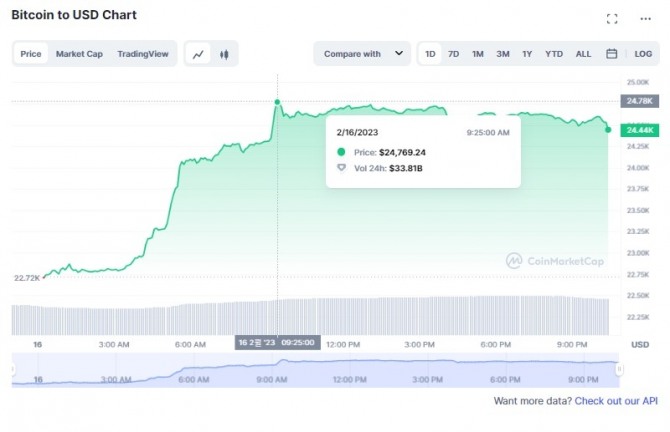 16일 비트코인(BTC)/달러(USD) 가격 1일 차트. 비트콩니 장중 한때 최고 2만4769달러까지 치솟아 8개월만에 최고치를 기록했다. 출처=코인마켓캡