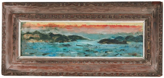 회화 아침 바다, 캔버스에 유채, 27.3×57cm(문신이 제작한 액자 포함), 1952, 창원시립마산문신미술관 소장