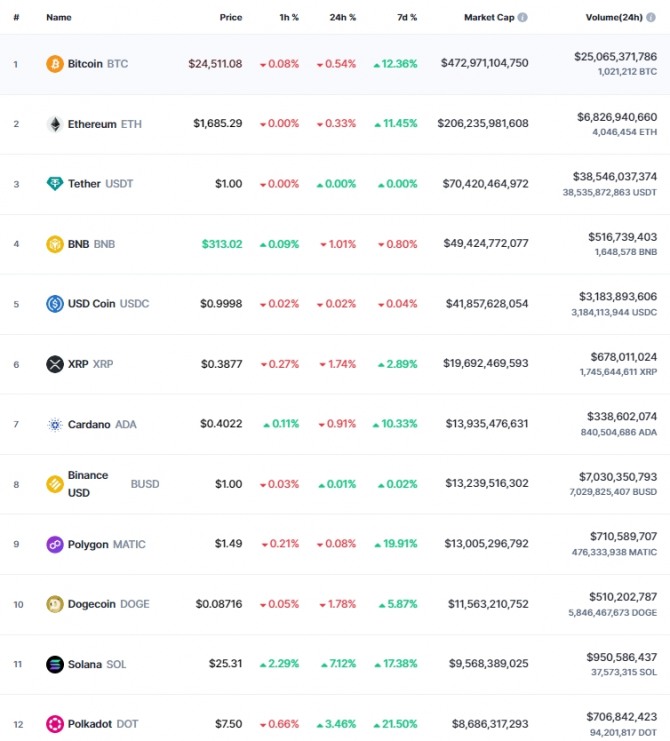 20일 오전 7시 44분 현재 코인마켓캡 기준 시가총액 12위 코인시황. 비트코인(BTC)은 24시간 전 대비 0.54% 하락해 2만4511.08달러에 거래됐다. 출처=코인마켓캡