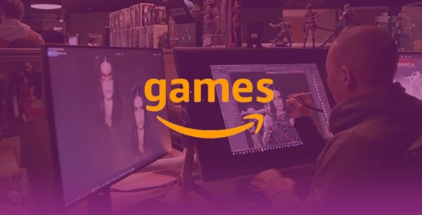 아마존 게임즈 로고와 근무하는 직원의 모습. 사진=아마존 게임즈 공식 사이트