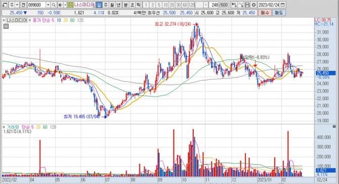 나스미디어의 지난 1년여간 주가 변동 추이. 키움증권 HTS 캡처