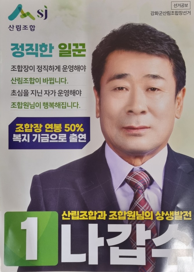 1번 나갑수 후보는 미래경영비전으로 수목원 부지 구입해 요양타운 설치, 수목원에 행사장 설립해 조합원들 칠순, 친목회 소규모 행사 등 각종 이벤트를 하며 강화읍내 부지를 구입해 조합원들의 임산물로 로컬푸드 판매장을 하며 종합 농자재 백화점을 운영하겠다고 한다.
