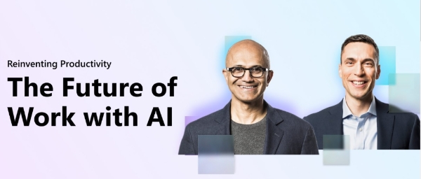 마이크로소프트(MS)가 오는 17일 '업무의 미래: AI와 함께하는 생산성 재창조' 쇼케이스를 연다. 사진은 MS의 사티아 나델라 대표(왼쪽)과 자레드 스파타로 신 사업·비즈니스 앱 이사. 사진=MS 공식 사이트