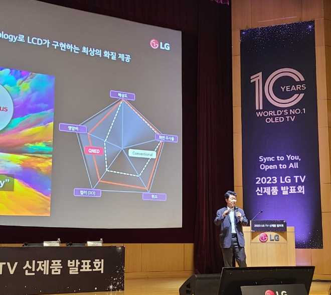 백선필 LG전자 HE상품기획담당 상무가 8일 서울 LG전자 서초R&D캠퍼스에서 열린 '2023년형 LG TV 신제품 발표회'에서 발언하고 있다. 사진=정진주 기자