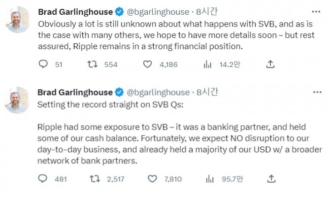 브래드 갈링하우스 리플의 최고경영자(CEO)가 12일(현지시간) 실리콘밸리은행(SVB)에 대한 리플의 노출에 대해 우려하는 팔로워들에게 리플의 재무 상태는 탄탄하다고 안심시켰다. 출처=브래드 갈링하우스 리플 CEO 트위터
