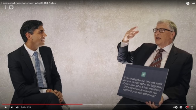 지난달 15일(현지시간) 영국 임페리얼 칼리지 런던에서 열린 대담에서 리시 수낵 영국 총리(왼쪽)와 빌 게이츠 마이크로소프트 창업자가 질문과 답을 주고 받고 있다. 사진=유튜브
