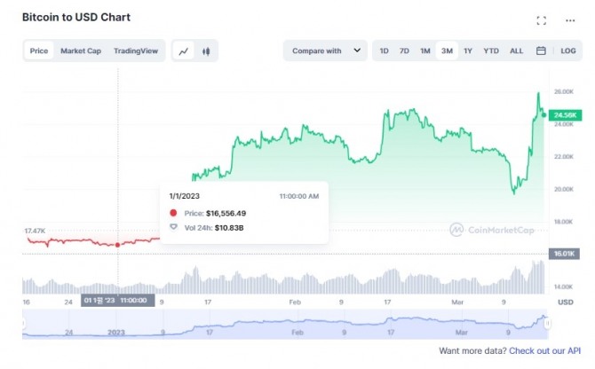 비트코인이 올해 1월 1일 1만6500달러 수준에서 거래를 시작한 비트코인이 15일 2만5000달러를 돌파했다. 출처=코인마켓캡