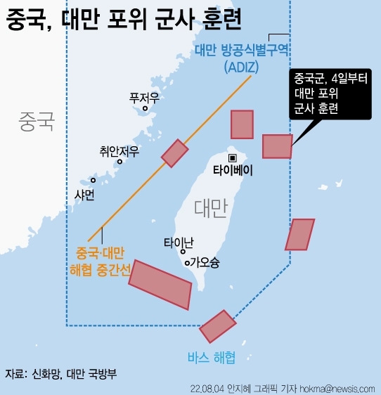 오키나와가 중국과 대만 사이 전쟁 발발 시 주민 대피 훈련을 실시했다. 그림은 중국의 대만 포위 군사 훈련 상황을 나타낸다. 자료=뉴시스