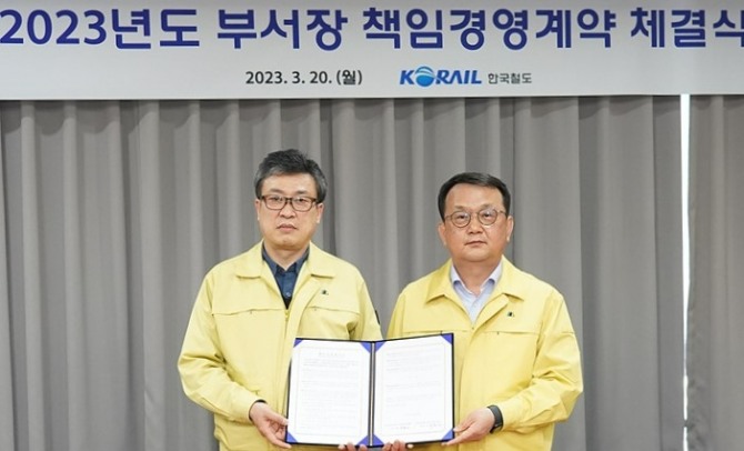고준영(오른쪽) 코레일 사장직무대행이 20일 경영진과 2023년 부서장 책임경영계약을 체결했다. 사진=코레일