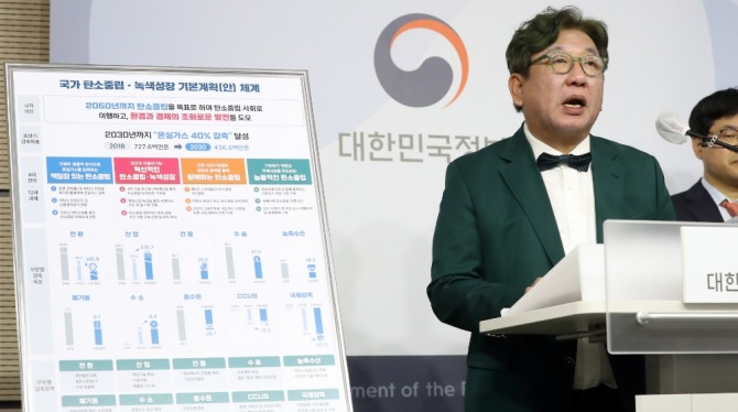 김상협 2050탄소중립녹색성장위원회 민간위원장이 21일 세종시 정부 세종청사에서 국가탄소중립·녹색성장 기본계획을 발표하고 있다. 사진=뉴시스