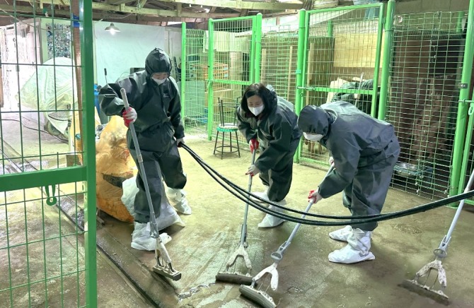 인천공항 합동 자원봉사단이 견사를 청소하고 있다. 