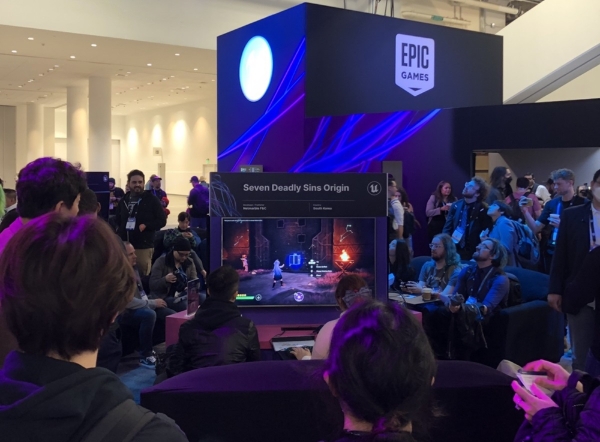 게임 개발자 콘퍼런스(GDC) 2023 에픽게임즈 부스에서 참관객들이 넷마블 '일곱 개의 대죄: 오리진'을 시연하고 있다. 사진=넷마블