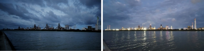 2022년 9월 태풍 힌남노가 휩쓸고 지나간 후 불이 꺼진 포항제철소(왼쪽)과 2023년 1월 복구를 마치고 다시 희망의 불을 밝히고 있는 포항제철소 전경. 사진=포스코