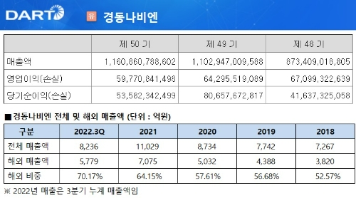 금융감독원 전자공시시스템(DART) 캡처(위), 경동나비엔 전체 및 해외 매출액(아래). 출처=금융감독원.